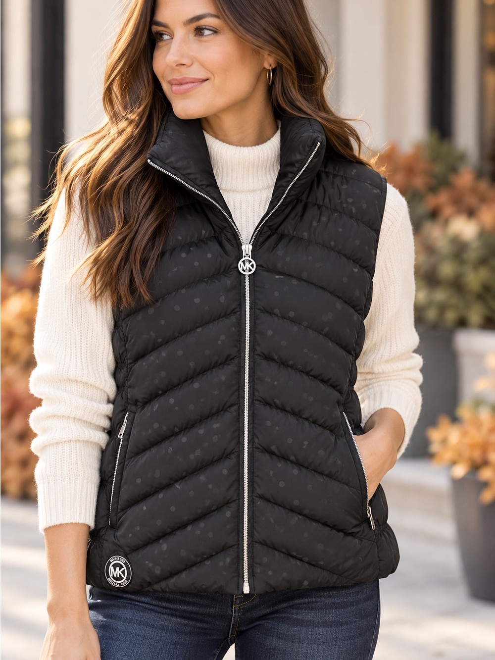 Michael Kors Black Down Puffer Vest Large Dot Print Chevron Quilted Zip